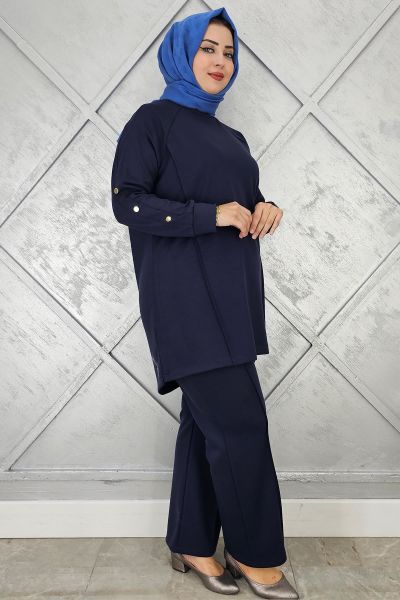 KADIN KOL DÜĞME DETAYLI TESETTÜR TAKIM LACİVERT - 4 BEDEN