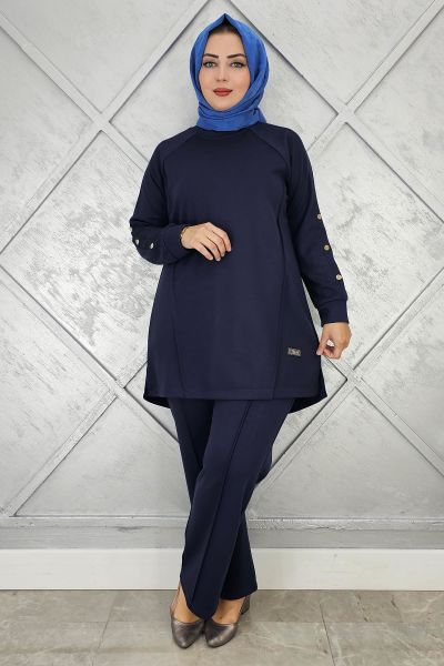 KADIN KOL DÜĞME DETAYLI TESETTÜR TAKIM LACİVERT - 4 BEDEN