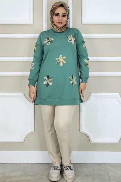 PYS KADIN DİKME ÇİÇEK AKSESUARLI TESETTÜR TUNİK MİNT YEŞİLİ - 5 BEDEN