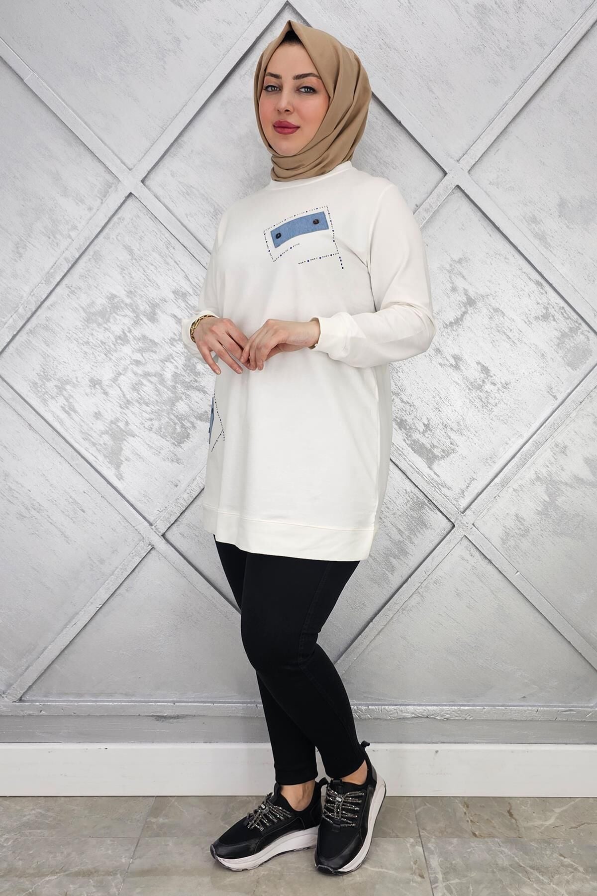 KADIN DÜĞME DETAYLI TESETTÜR TUNİK EKRU - 3XL