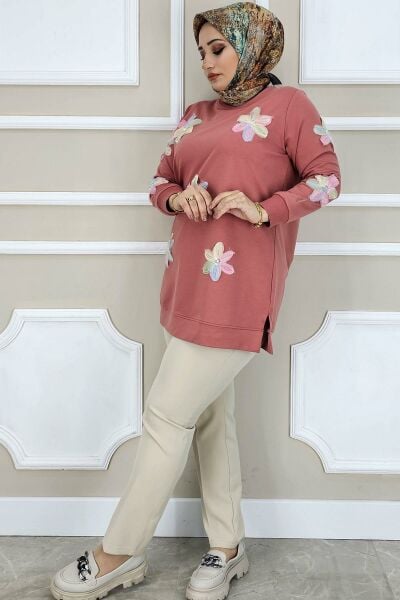 PYS KADIN DİKME ÇİÇEK AKSESUARLI TESETTÜR TUNİK GÜL PUDRA - 5 BEDEN