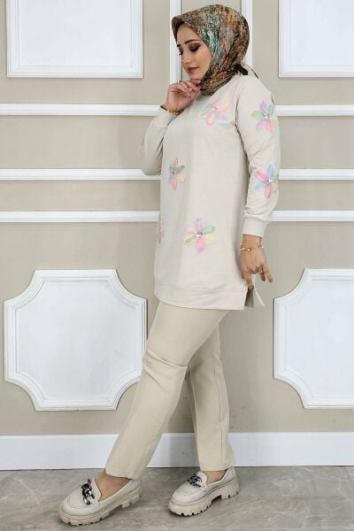 PYS KADIN DİKME ÇİÇEK AKSESUARLI TESETTÜR TUNİK TAŞ PUDRA - 2 BEDEN