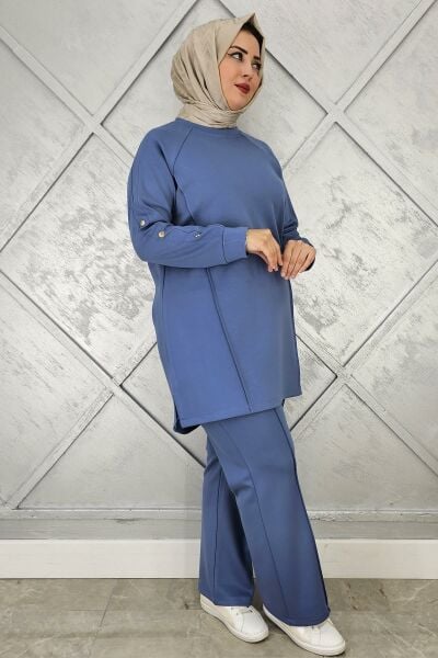 KADIN KOL DÜĞME DETAYLI TESETTÜR TAKIM İNDİGO - 4 BEDEN