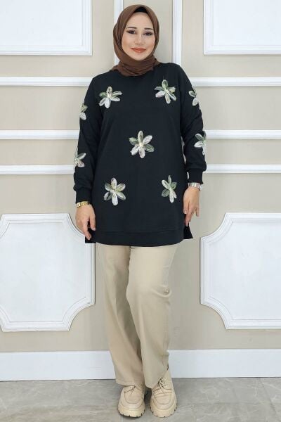 PYS KADIN DİKME ÇİÇEK AKSESUARLI TESETTÜR TUNİK SİYAH YEŞİL - 3 BEDEN