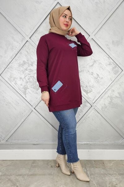 KADIN DÜĞME DETAYLI TESETTÜR TUNİK BORDO - XL