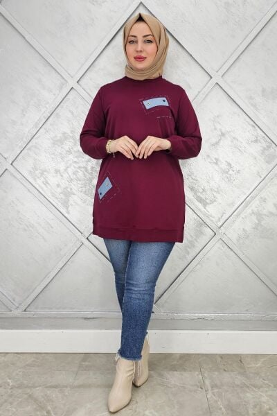 KADIN DÜĞME DETAYLI TESETTÜR TUNİK BORDO - XL