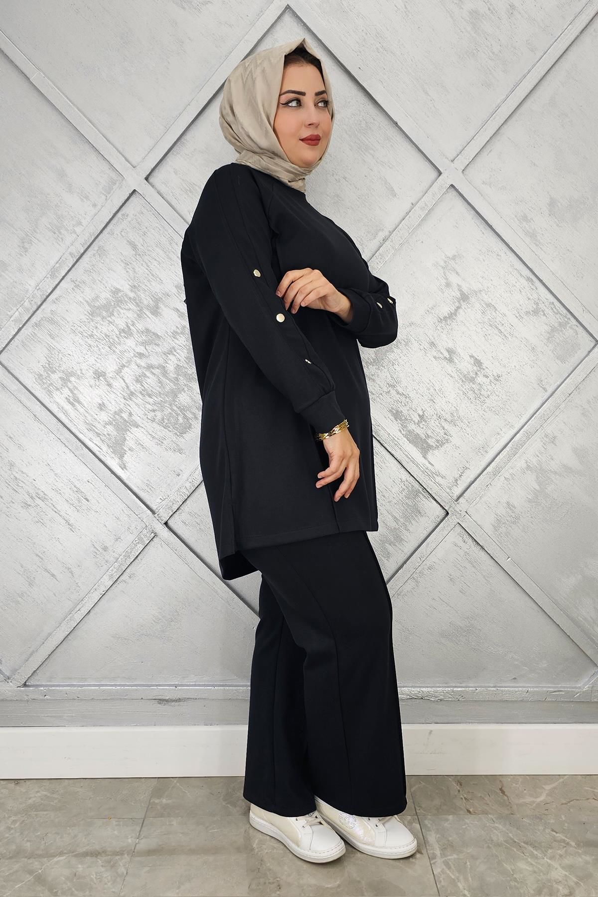 KADIN KOL DÜĞME DETAYLI TESETTÜR TAKIM SİYAH - 2 BEDEN