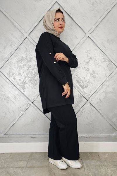 KADIN KOL DÜĞME DETAYLI TESETTÜR TAKIM SİYAH - 2 BEDEN