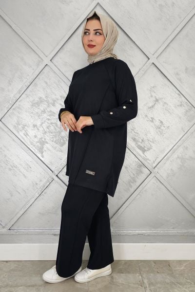 KADIN KOL DÜĞME DETAYLI TESETTÜR TAKIM SİYAH - 2 BEDEN