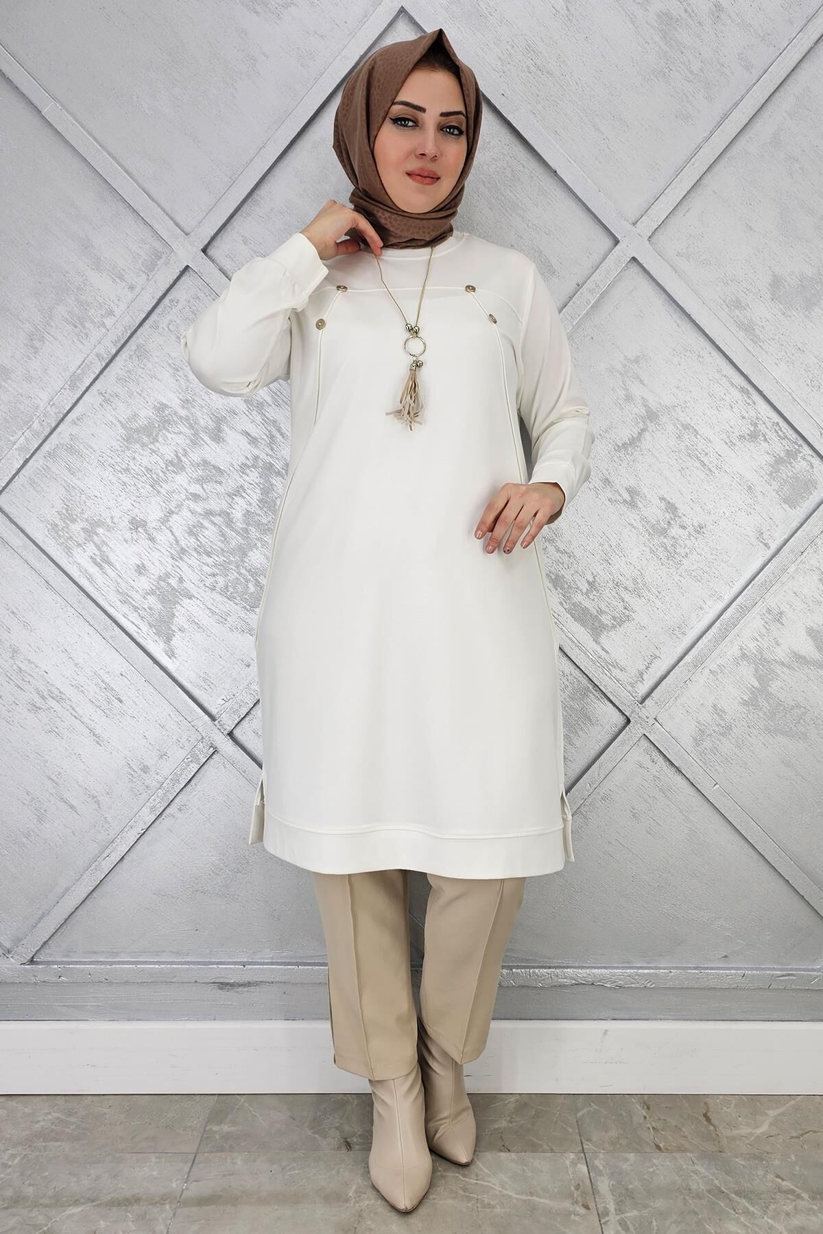KADIN DÜĞME KOLYE DETAYLI TESETTÜR TUNİK EKRU - 2 BEDEN
