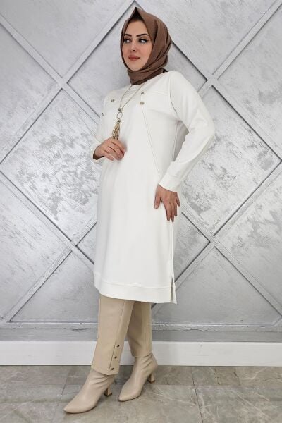 KADIN DÜĞME KOLYE DETAYLI TESETTÜR TUNİK EKRU - 2 BEDEN