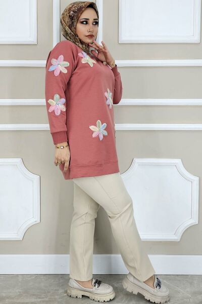 PYS KADIN DİKME ÇİÇEK AKSESUARLI TESETTÜR TUNİK GÜL PUDRA - 2 BEDEN
