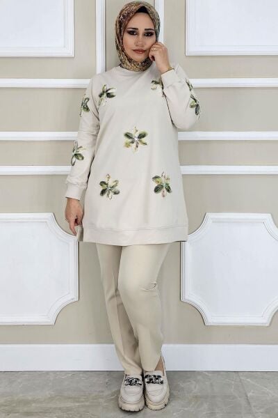 PYS KADIN DİKME ÇİÇEK AKSESUARLI TESETTÜR TUNİK TAŞ YEŞİL - 5 BEDEN