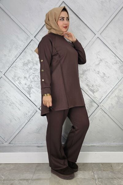 KADIN KOL DÜĞME DETAYLI TESETTÜR TAKIM KAHVERENGİ - 2 BEDEN