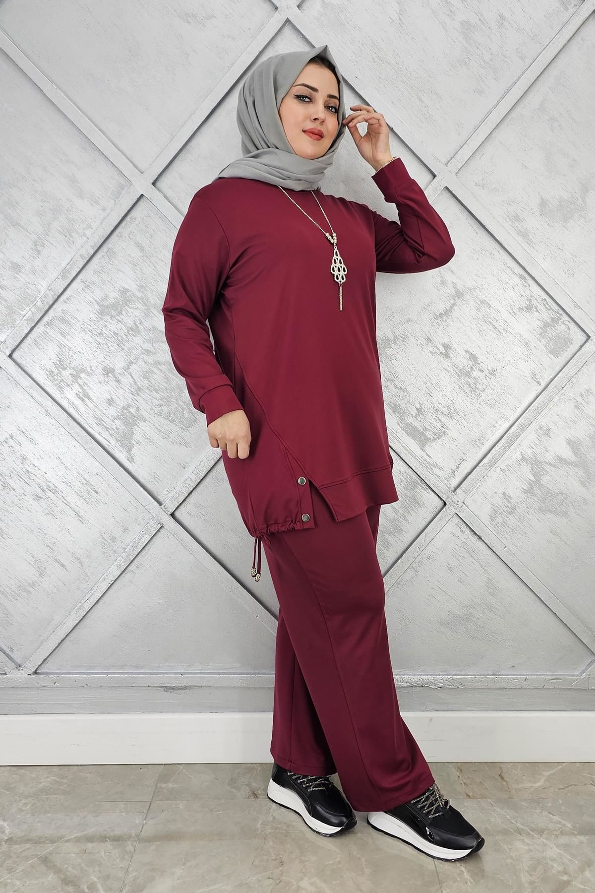 KADIN KOLYE DETAYLI TESETTÜR TAKIM BORDO - 5 BEDEN