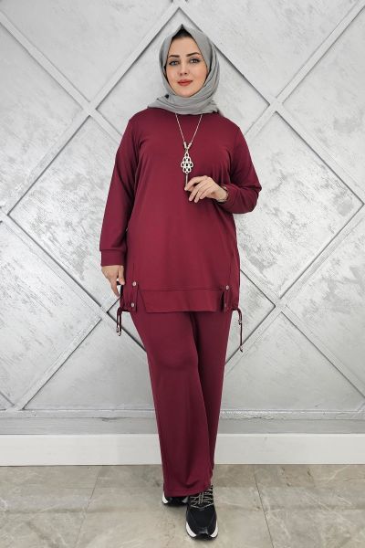 KADIN KOLYE DETAYLI TESETTÜR TAKIM BORDO - 5 BEDEN