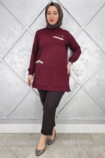 KADIN KOMBİN TAŞ DETAYLI TESETTÜR TUNİK BORDO - 2XL