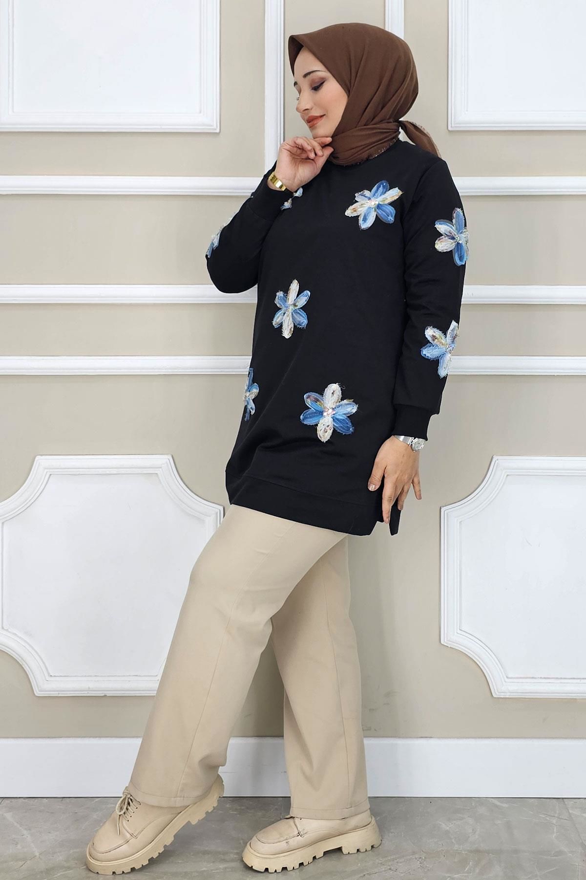 PYS KADIN DİKME ÇİÇEK AKSESUARLI TESETTÜR TUNİK SİYAH MAVİ - 4 BEDEN