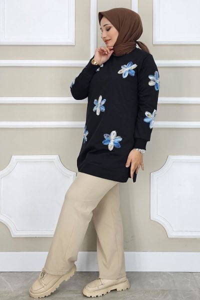 PYS KADIN DİKME ÇİÇEK AKSESUARLI TESETTÜR TUNİK SİYAH MAVİ - 4 BEDEN