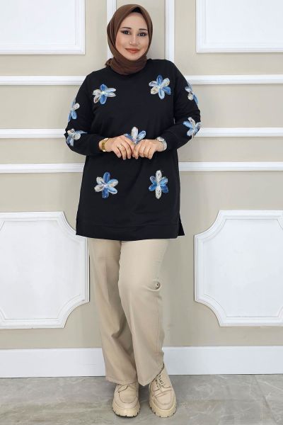 PYS KADIN DİKME ÇİÇEK AKSESUARLI TESETTÜR TUNİK SİYAH MAVİ - 4 BEDEN