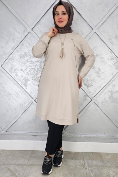 KADIN DÜĞME KOLYE DETAYLI TESETTÜR TUNİK BEJ - 5 BEDEN