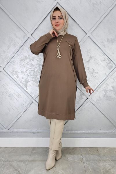 KADIN DÜĞME KOLYE DETAYLI TESETTÜR TUNİK VİZON - 5 BEDEN