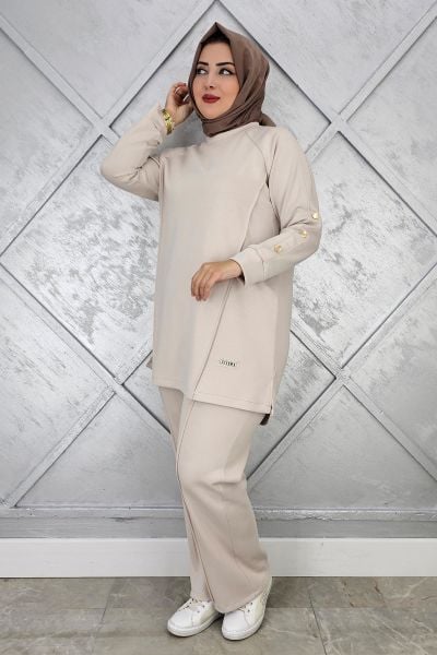 KADIN KOL DÜĞME DETAYLI TESETTÜR TAKIM TAŞ - 5 BEDEN