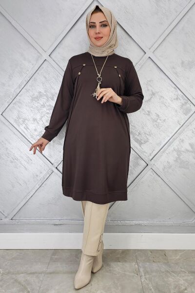 KADIN DÜĞME KOLYE DETAYLI TESETTÜR TUNİK KAHVERENGİ - 2 BEDEN