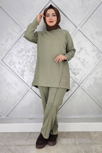 KADIN KOL DÜĞME DETAYLI TESETTÜR TAKIM HAKİ - 3 BEDEN