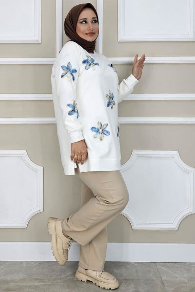 PYS KADIN DİKME ÇİÇEK AKSESUARLI TESETTÜR TUNİK EKRU MAVİ - 5 BEDEN