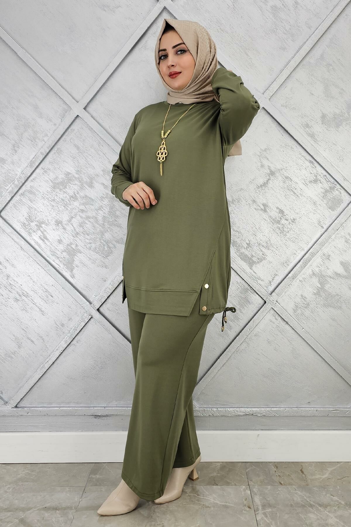 KADIN KOLYE DETAYLI TESETTÜR TAKIM HAKİ - 3 BEDEN