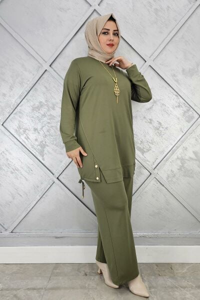 KADIN KOLYE DETAYLI TESETTÜR TAKIM HAKİ - 3 BEDEN