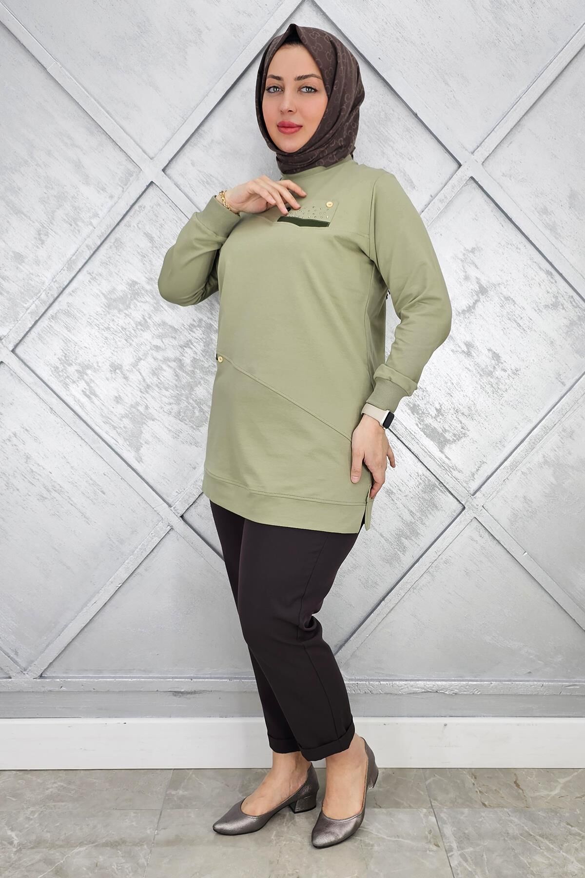 KADIN KOMBİN TAŞ DETAYLI TESETTÜR TUNİK MİNT YEŞİLİ - L