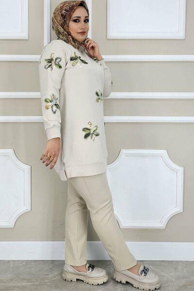 PYS KADIN DİKME ÇİÇEK AKSESUARLI TESETTÜR TUNİK TAŞ YEŞİL - 4 BEDEN