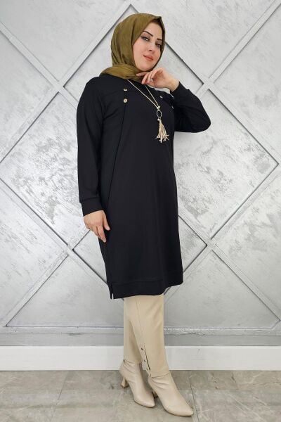 KADIN DÜĞME KOLYE DETAYLI TESETTÜR TUNİK SİYAH - 4 BEDEN