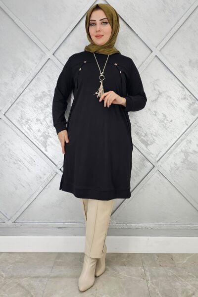KADIN DÜĞME KOLYE DETAYLI TESETTÜR TUNİK SİYAH - 4 BEDEN