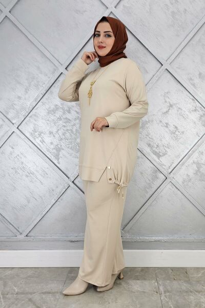 KADIN KOLYE DETAYLI TESETTÜR TAKIM BEJ - 4 BEDEN