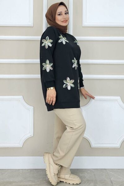 PYS KADIN DİKME ÇİÇEK AKSESUARLI TESETTÜR TUNİK SİYAH YEŞİL - 2 BEDEN