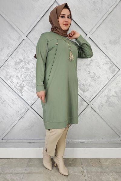 KADIN DÜĞME KOLYE DETAYLI TESETTÜR TUNİK YEŞİL - 2 BEDEN