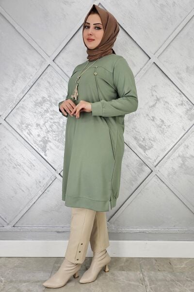 KADIN DÜĞME KOLYE DETAYLI TESETTÜR TUNİK YEŞİL - 2 BEDEN