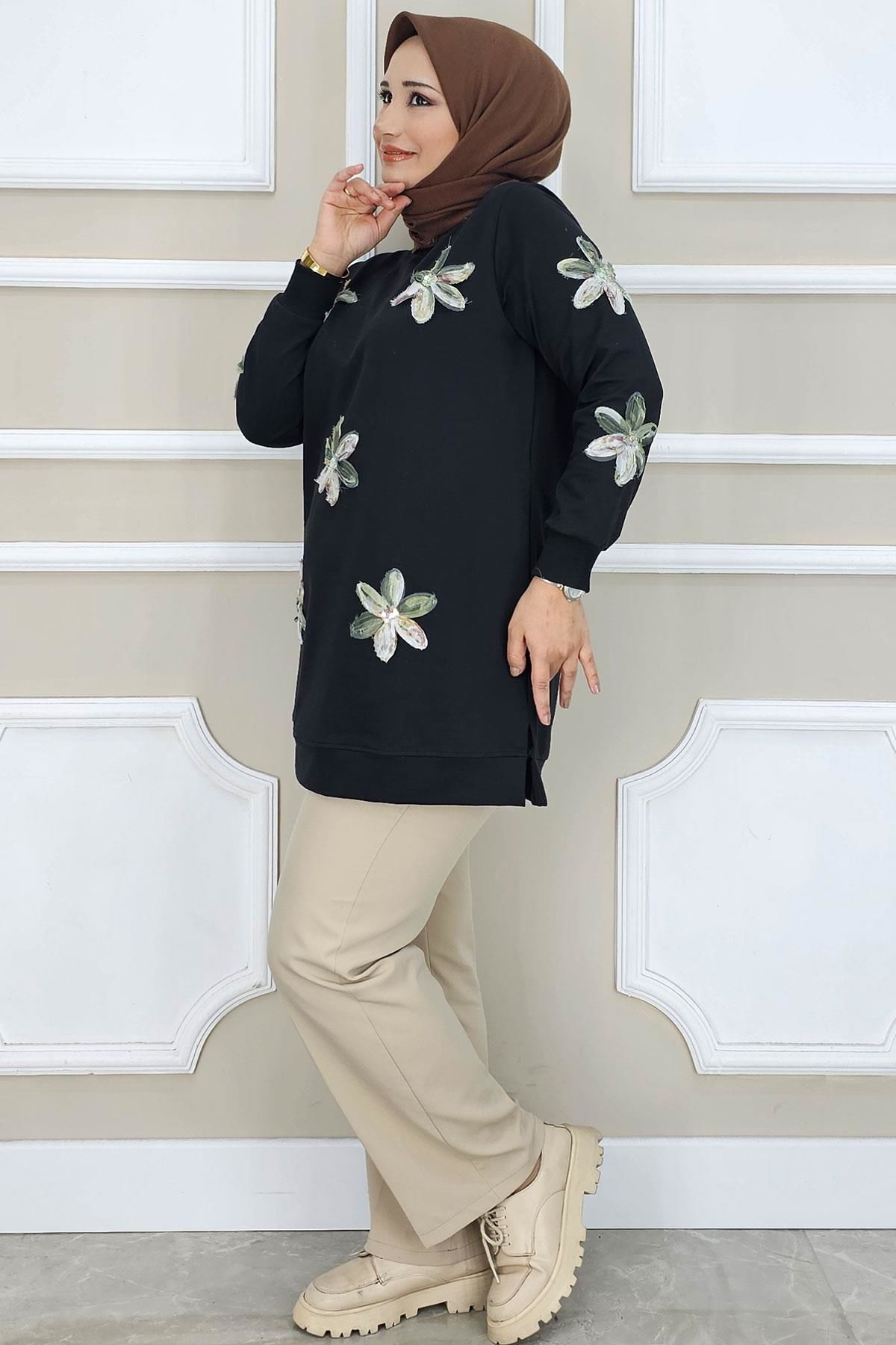 PYS KADIN DİKME ÇİÇEK AKSESUARLI TESETTÜR TUNİK SİYAH YEŞİL - 4 BEDEN