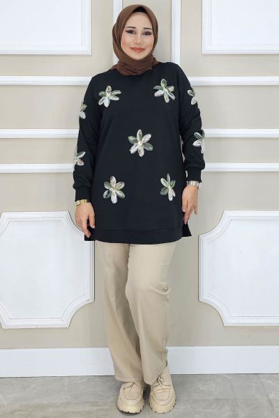 PYS KADIN DİKME ÇİÇEK AKSESUARLI TESETTÜR TUNİK SİYAH YEŞİL - 4 BEDEN