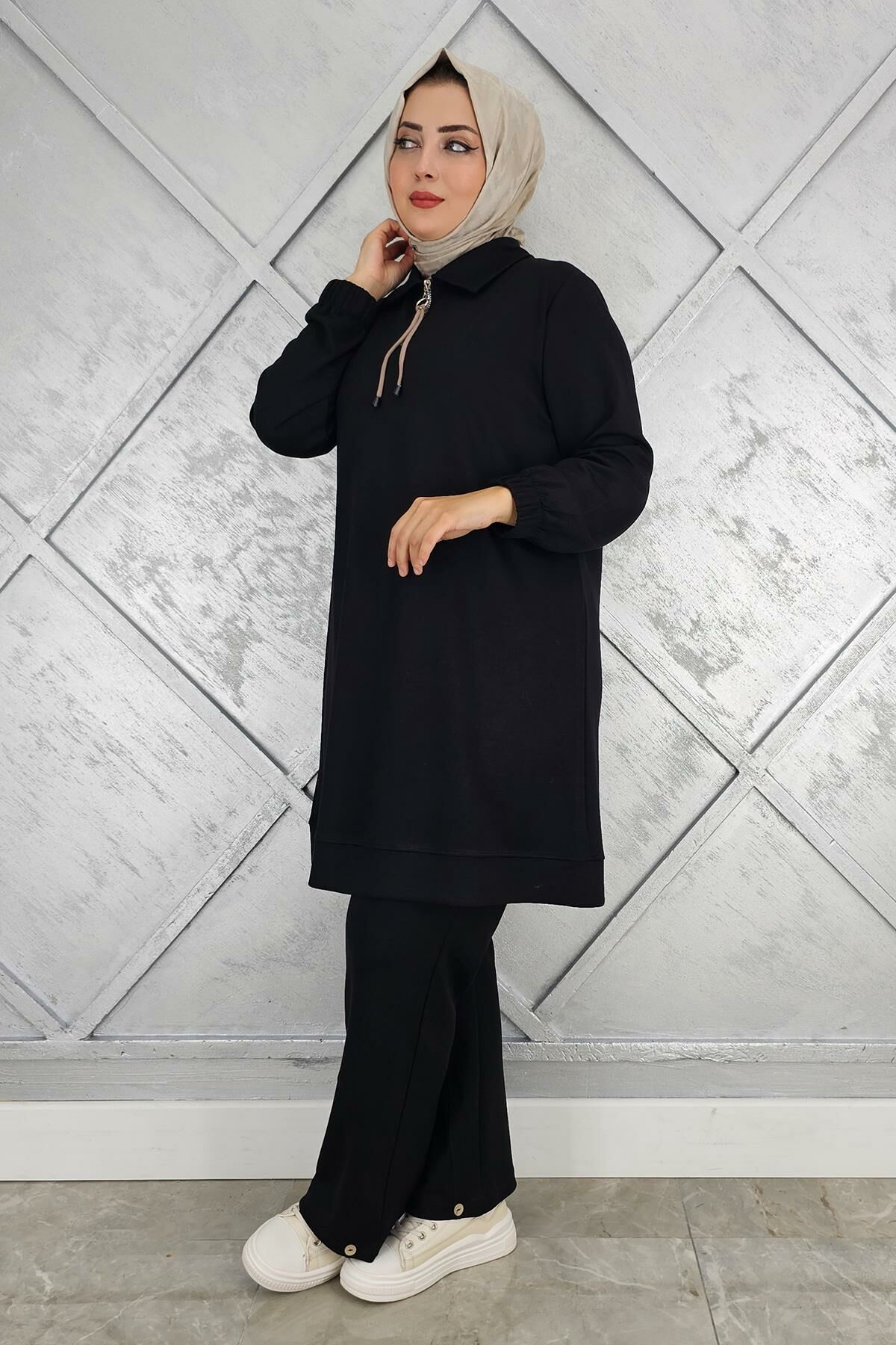 KADIN DÜĞME DETAYLI TESETTÜR TAKIM SİYAH - 2 BEDEN