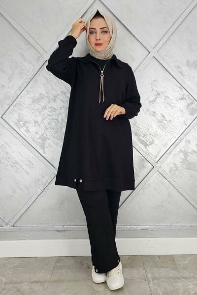 KADIN DÜĞME DETAYLI TESETTÜR TAKIM SİYAH - 2 BEDEN