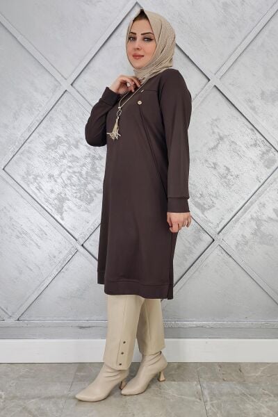 KADIN DÜĞME KOLYE DETAYLI TESETTÜR TUNİK KAHVERENGİ - 4 BEDEN