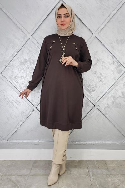 KADIN DÜĞME KOLYE DETAYLI TESETTÜR TUNİK KAHVERENGİ - 4 BEDEN