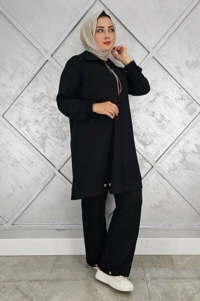 KADIN DÜĞME DETAYLI TESETTÜR TAKIM SİYAH - 3 BEDEN