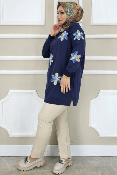 PYS KADIN DİKME ÇİÇEK AKSESUARLI TESETTÜR TUNİK LACİVERT  MAVİ - 3 BEDEN