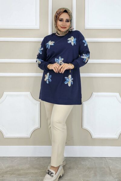PYS KADIN DİKME ÇİÇEK AKSESUARLI TESETTÜR TUNİK LACİVERT  MAVİ - 3 BEDEN