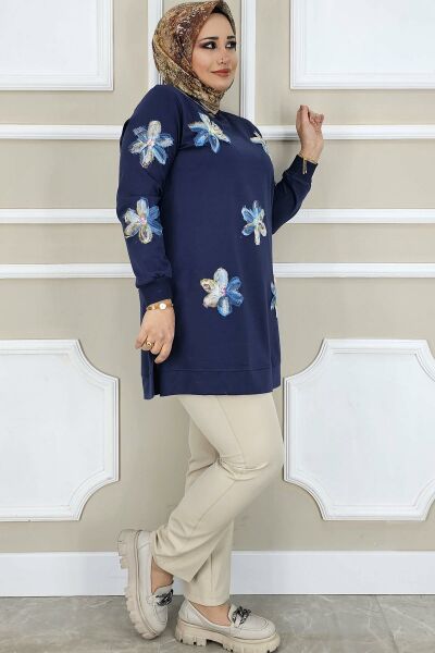 PYS KADIN DİKME ÇİÇEK AKSESUARLI TESETTÜR TUNİK LACİVERT  MAVİ - 3 BEDEN